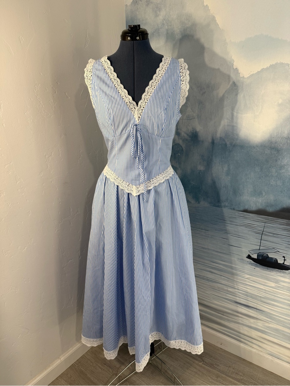 Blue Striped Lace-Trim Midi Skirt and Top #407